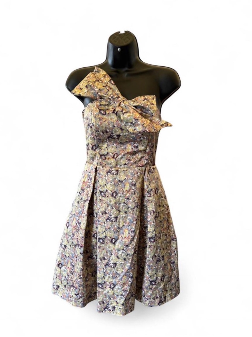 One-Shoulder Floral Fit & Flare Dress in Lavender and Gold Tones